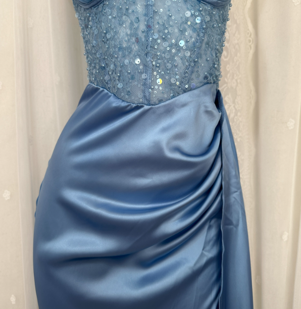 Elegant Blue Mermaid One-Shoulder Sequin Beaded Long Formal Prom Dress