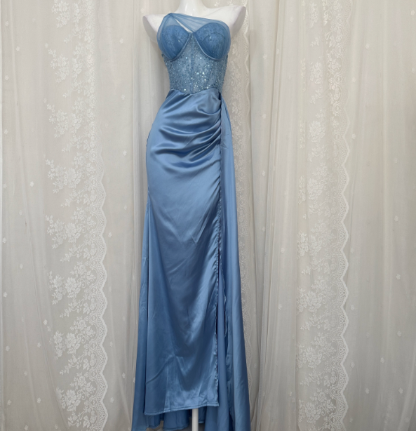 Elegant Blue Mermaid One-Shoulder Sequin Beaded Long Formal Prom Dress Main image