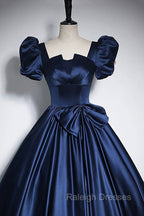 Elegant Blue Satin Prom Dresses, Square Neckline Puffy Short Sleeve Bow Backless Floor-Length Formal Dresses