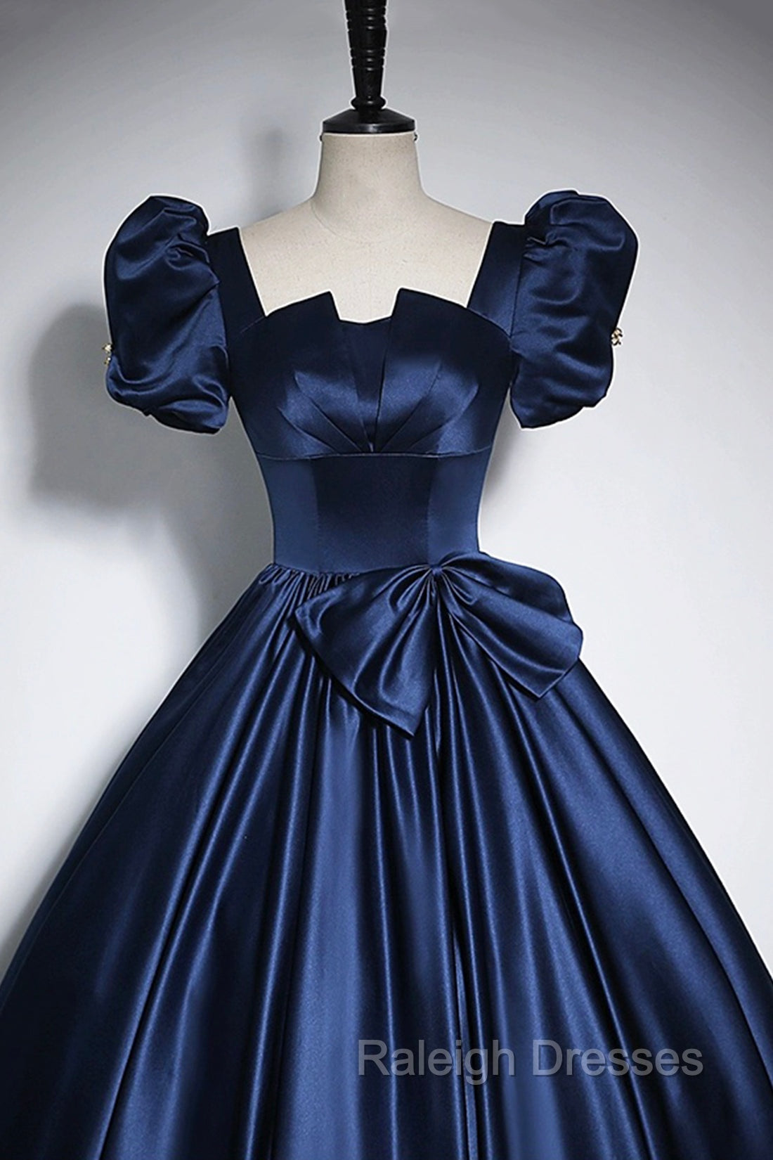 Elegant Blue Satin Prom Dresses, Square Neckline Puffy Short Sleeve Bow Backless Floor-Length Formal Dresses