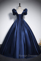 Elegant Blue Satin Prom Dresses, Square Neckline Puffy Short Sleeve Bow Backless Floor Length Formal Dresses