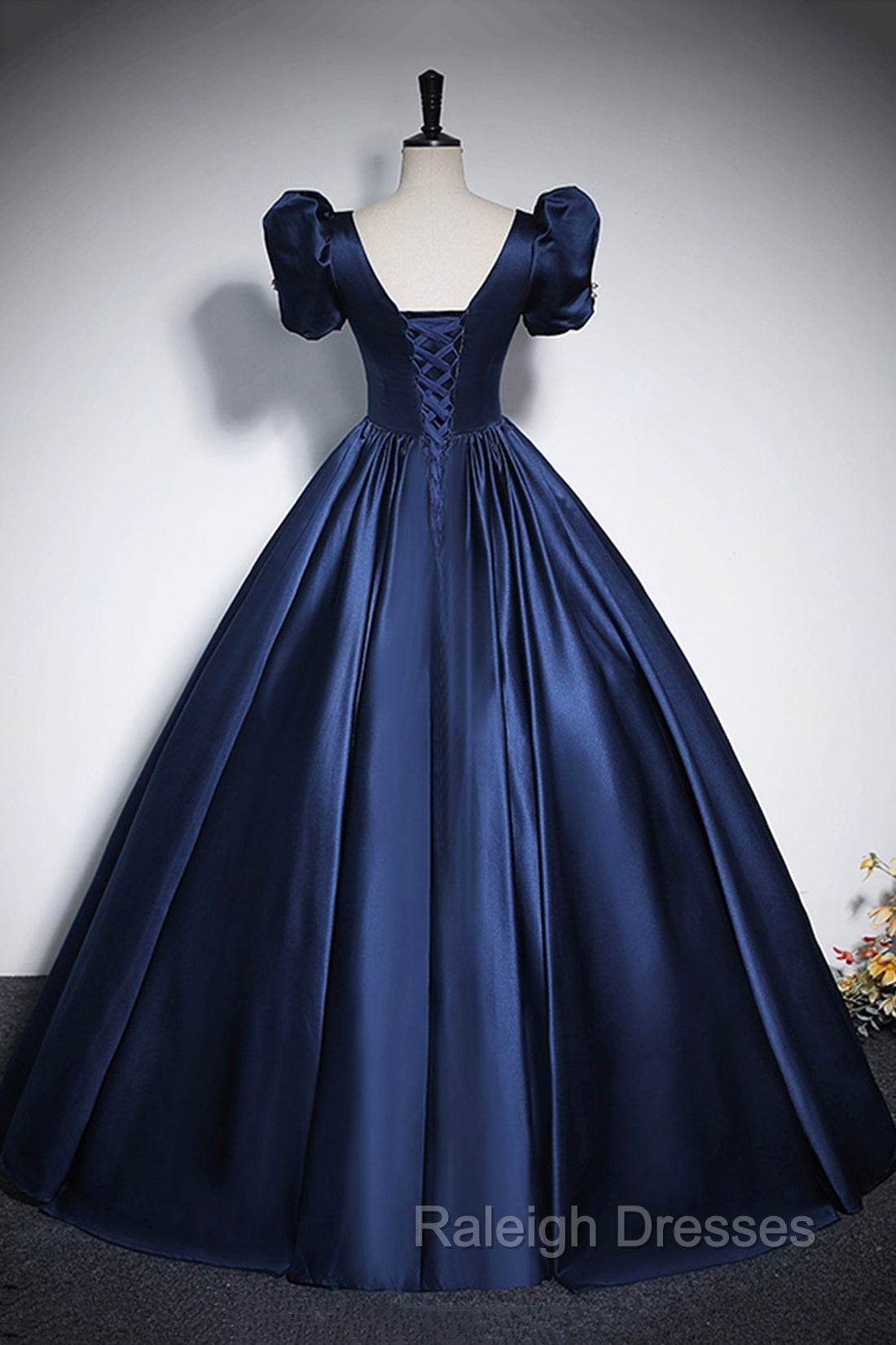 Elegant Blue Satin Prom Dresses, Square Neckline Puffy Short Sleeve Bow Backless Floor Length Formal Dresses