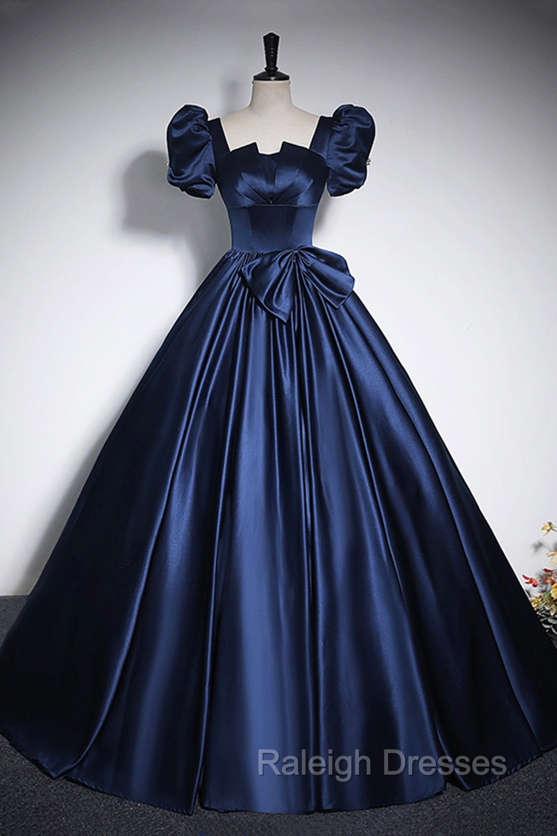 Elegant Blue Satin Prom Dresses, Square Neckline Puffy Short Sleeve Bow Backless Floor-Length Formal Dresses Main image