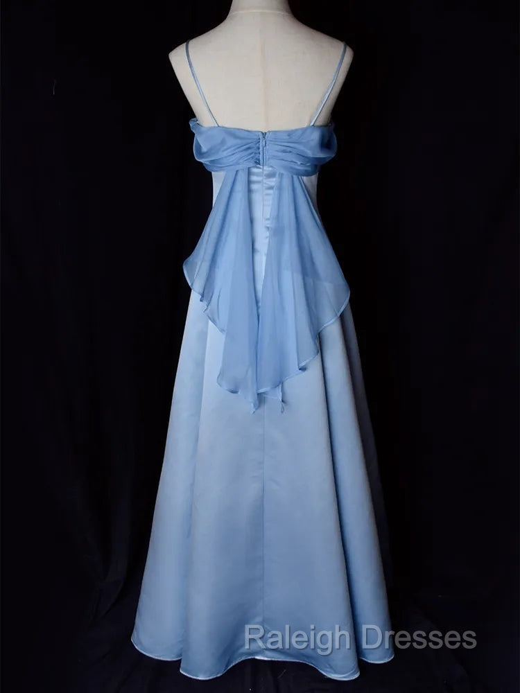 Elegant Blue Satin Spaghetti Straps Evening Gown A Line Long Party Dress Prom Dress