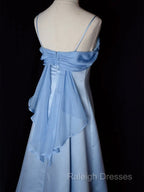 Elegant Blue Satin Spaghetti Straps Evening Gown A Line Long Party Dress Prom Dress