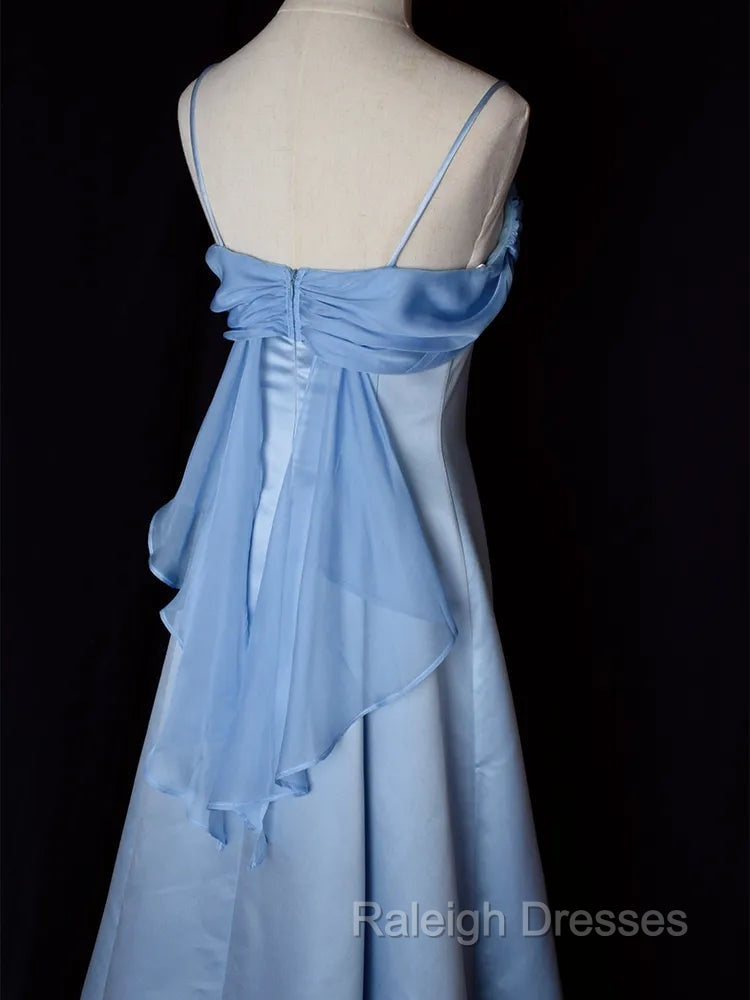 Elegant Blue Satin Spaghetti Straps Evening Gown A Line Long Party Dress Prom Dress
