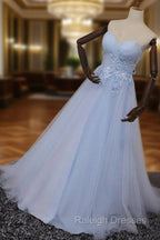 Elegant Blue Tulle Sweetheart Party Dress Formal Dress, Blue Lace Applique Prom Dress 2025