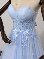 Elegant Blue Tulle Sweetheart Party Dress Formal Dress, Blue Lace Applique Prom Dress 2025
