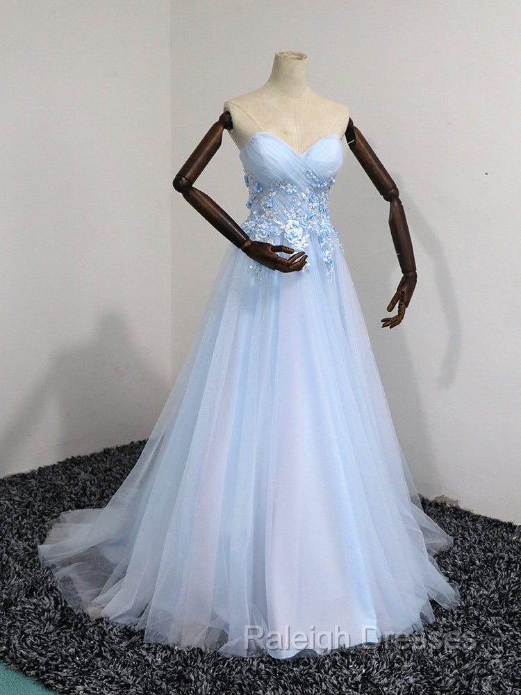 Elegant Blue Tulle Sweetheart Party Dress Formal Dress, Blue Lace Applique Prom Dress 2025 Secondary image
