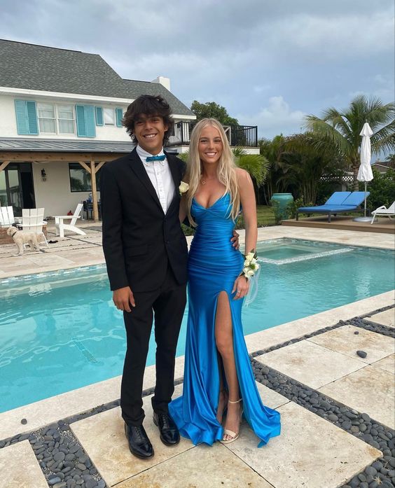 Elegant Blue V Neck Prom Dresses With Split Blue Prom Dresses