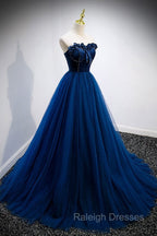 Elegant Blue Velvet And Tulle Long Prom Dress Strapless