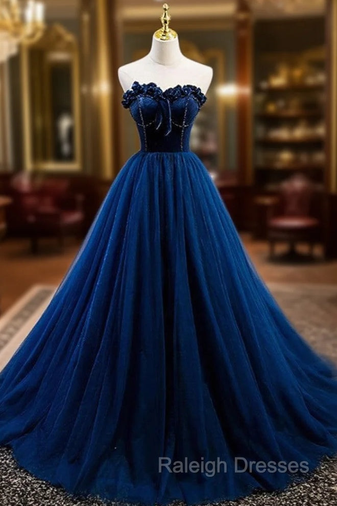 Elegant Blue Velvet And Tulle Long Prom Dress Strapless Main image
