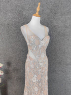 Elegant Blush Pink Lace Gradient Spaghetti Strap V-Neck Train Formal Prom Dress