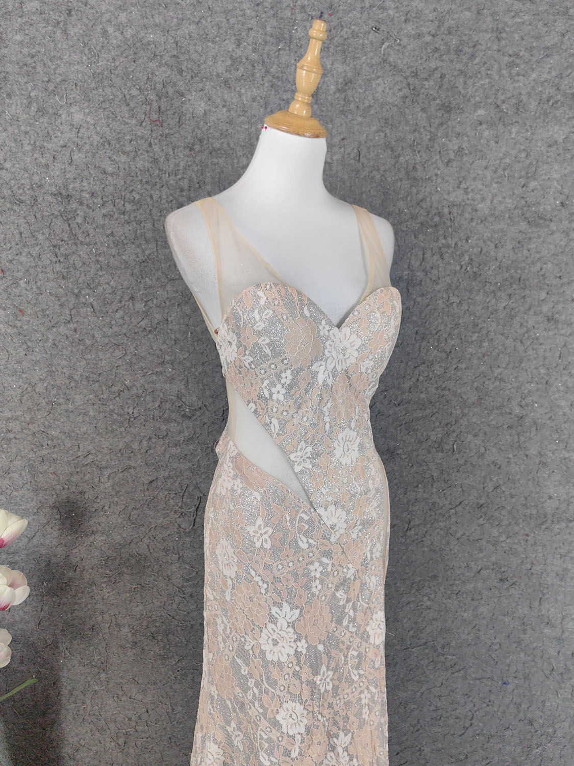 Elegant Blush Pink Lace Gradient Spaghetti Strap V-Neck Train Formal Prom Dress