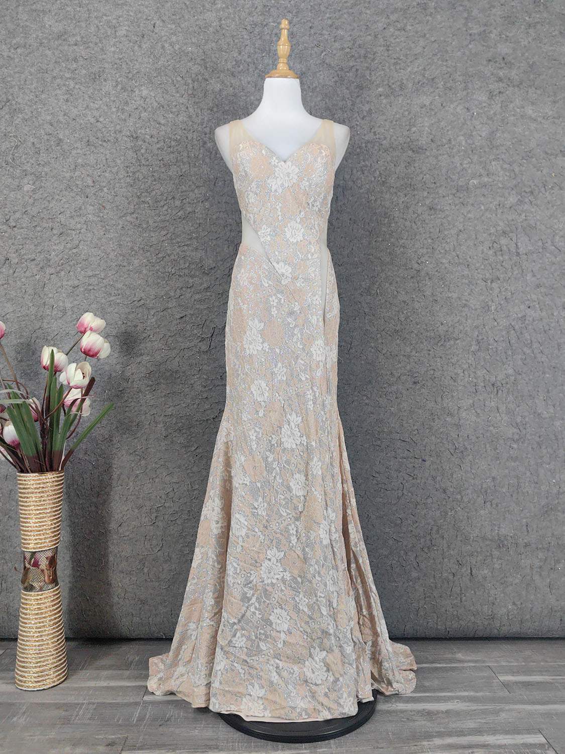 Elegant Blush Pink Lace Gradient Spaghetti Strap V-Neck Train Formal Prom Dress Main image