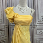 Elegant Bright Yellow A-Line One-Shoulder Ruched Floral-Appliqu¨¦ Chiffon Long Formal Prom Dress