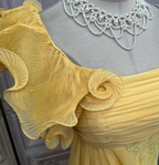 Elegant Bright Yellow A-Line One-Shoulder Ruched Floral-Appliqu¨¦ Chiffon Long Formal Prom Dress