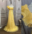 Elegant Bright Yellow A-Line One-Shoulder Ruched Floral-Appliqu¨¦ Chiffon Long Formal Prom Dress