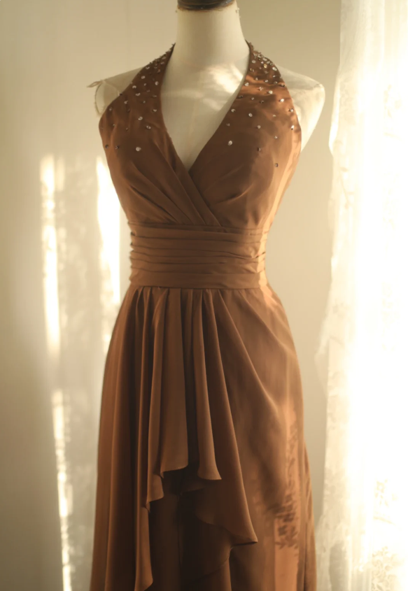 Elegant Brown A-Line Halter Neck Chiffon Long Formal Prom Dress