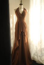 Elegant Brown A-Line Halter Neck Chiffon Long Formal Prom Dress