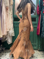 Elegant Brown And Gold Mermaid Halter-Neck Embroidered Beaded Chiffon Long Formal Prom Dress