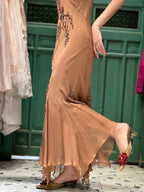 Elegant Brown And Gold Mermaid Halter-Neck Embroidered Beaded Chiffon Long Formal Prom Dress