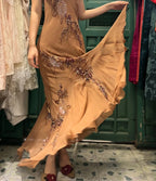 Elegant Brown And Gold Mermaid Halter-Neck Embroidered Beaded Chiffon Long Formal Prom Dress