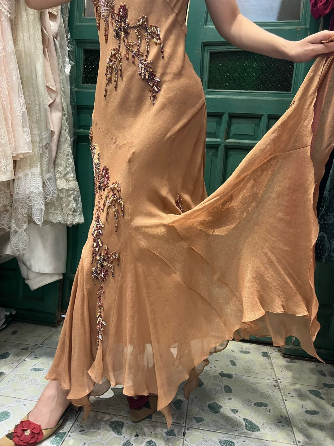 Elegant Brown And Gold Mermaid Halter-Neck Embroidered Beaded Chiffon Long Formal Prom Dress