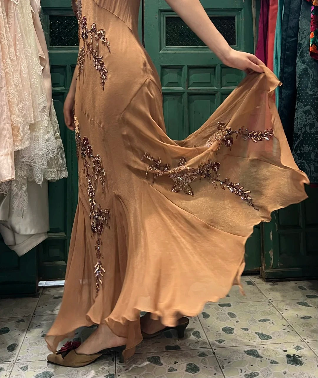 Elegant Brown And Gold Mermaid Halter-Neck Embroidered Beaded Chiffon Long Formal Prom Dress