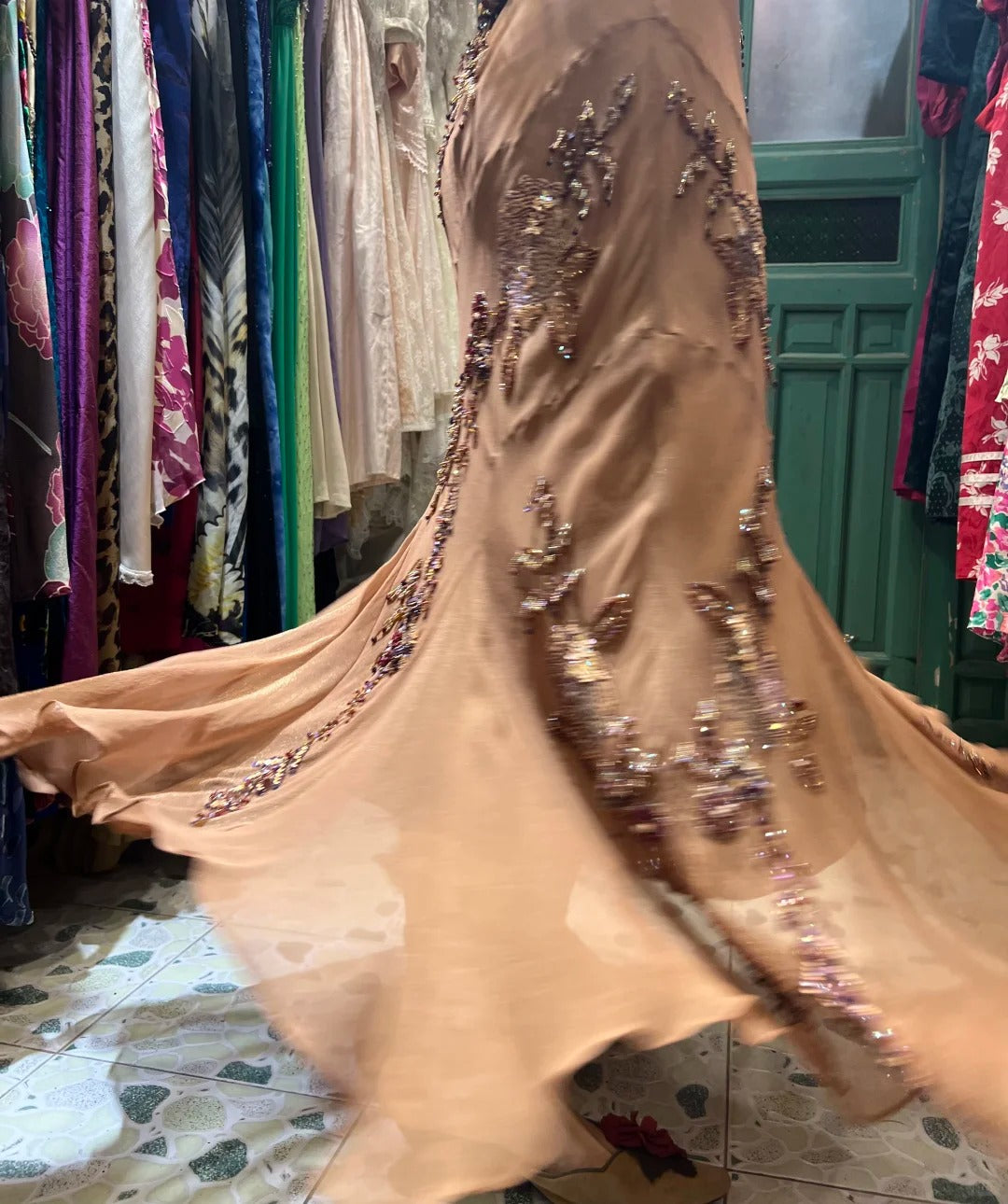 Elegant Brown And Gold Mermaid Halter-Neck Embroidered Beaded Chiffon Long Formal Prom Dress