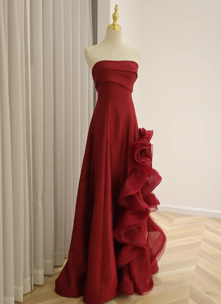 Elegant Burgundy 3D Floral Embellished Strapless Satin Long Formal Prom Dress