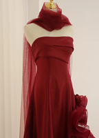 Elegant Burgundy 3D Floral Embellished Strapless Satin Long Formal Prom Dress