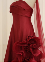 Elegant Burgundy 3D Floral Embellished Strapless Satin Long Formal Prom Dress