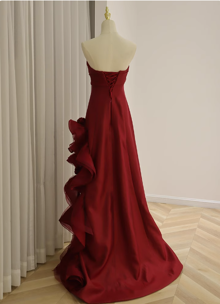 Elegant Burgundy 3D Floral Embellished Strapless Satin Long Formal Prom Dress