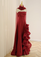 Elegant Burgundy 3D Floral Embellished Strapless Satin Long Formal Prom Dress