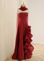 Elegant Burgundy 3D Floral Embellished Strapless Satin Long Formal Prom Dress