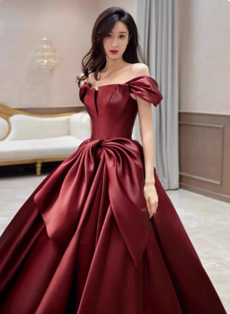 Elegant Burgundy A-Line Off-The-Shoulder Bow Satin Train Formal Prom Dress