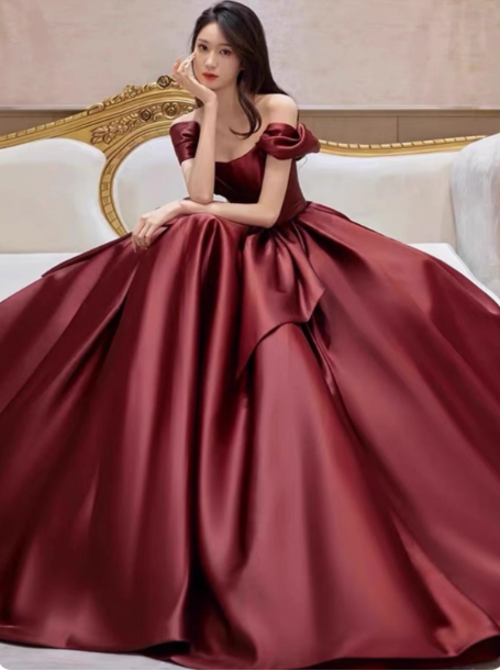 Elegant Burgundy A-Line Off-The-Shoulder Bow Satin Train Formal Prom Dress