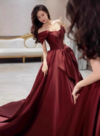 Elegant Burgundy A-Line Off-The-Shoulder Bow Satin Train Formal Prom Dress