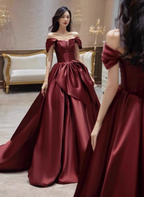 Elegant Burgundy A-Line Off-The-Shoulder Bow Satin Train Formal Prom Dress