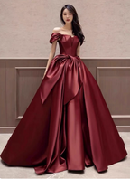 Elegant Burgundy A-Line Off-The-Shoulder Bow Satin Train Formal Prom Dress