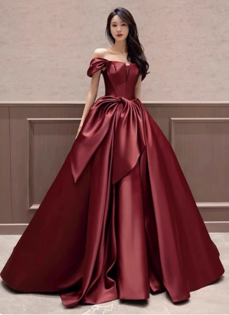 Elegant Burgundy A-Line Off-The-Shoulder Bow Satin Train Formal Prom Dress