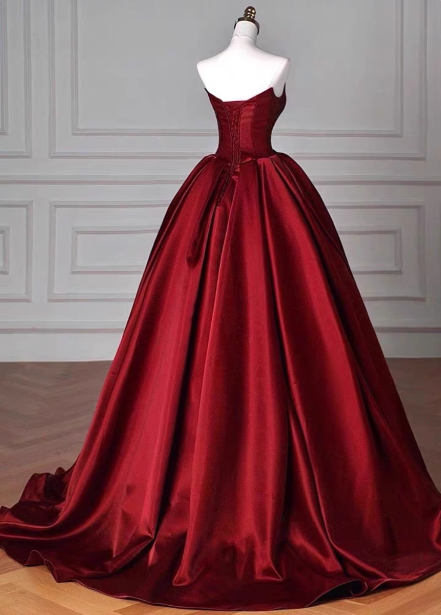 Elegant Burgundy A-Line Strapless Satin Train Formal Prom Dress