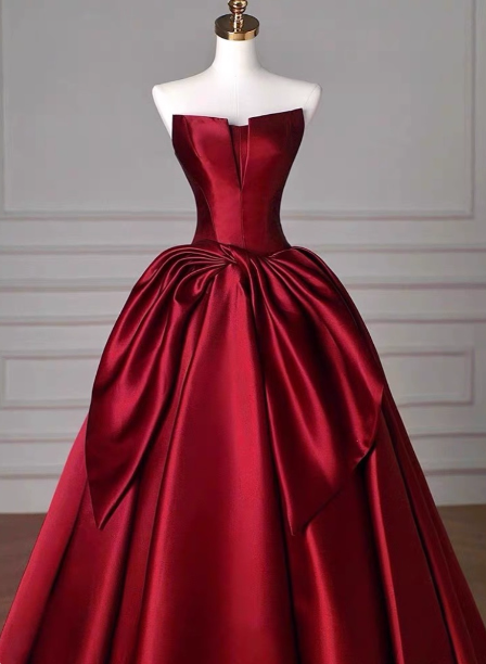 Elegant Burgundy A-Line Strapless Satin Train Formal Prom Dress