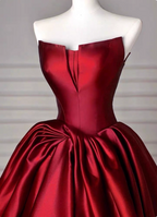 Elegant Burgundy A-Line Strapless Satin Train Formal Prom Dress