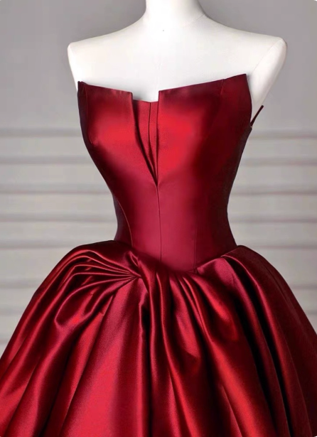 Elegant Burgundy A-Line Strapless Satin Train Formal Prom Dress