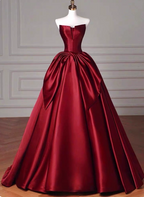 Elegant Burgundy A-Line Strapless Satin Train Formal Prom Dress