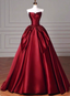 Elegant Burgundy A-Line Strapless Satin Train Formal Prom Dress