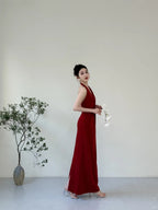 Elegant Burgundy Fitted Halter Neck Deep V-Neck Satin Long Formal Prom Dress