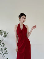 Elegant Burgundy Fitted Halter Neck Deep V-Neck Satin Long Formal Prom Dress